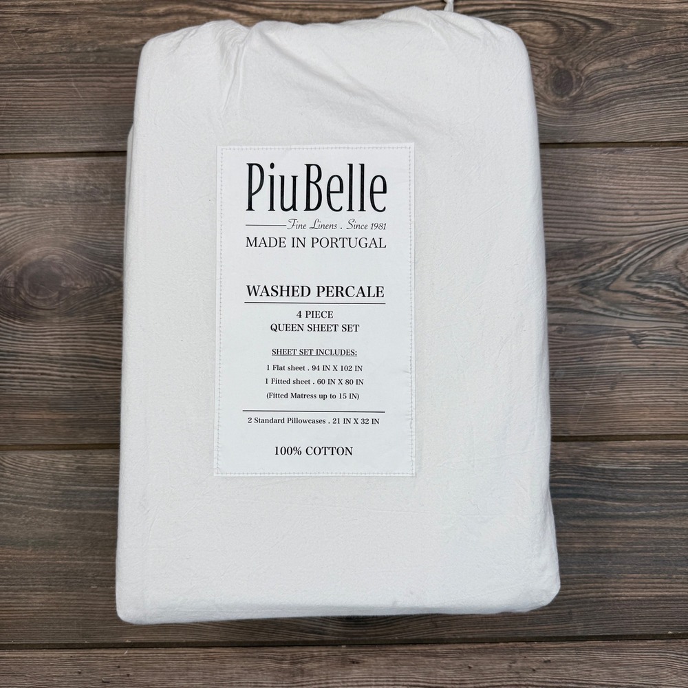 Piu Belle Washed Percale 4 Piece Queen Sheet Set‎ 100% Cotton White Portugal